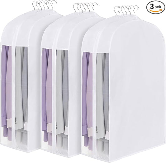 Kntiwiwo 32" Premium Cotton Garment Bag for Hanging Clothes, Breathable Suit Bags for Closet Storage with Extra Large 10" Gusseted & Clear Window, Dust Cover with Zipper for Short Clothes, 3 Pack
