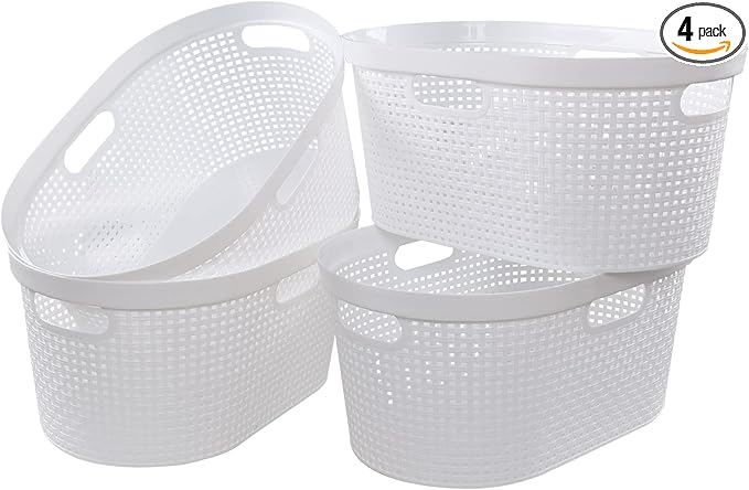 4 Packs Plastic Laundry Baskets, White Large Dirty Clothes Organizer Hampers, 40 L