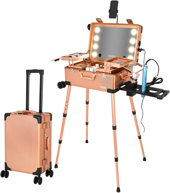 20" Aluminum Ligthed Makeup Train Case with LED Lights Professional Cosmetic Organizer Studio with Speaker, Wheels and Stands Rolling Trolley Makeup Vanity Station for Travel (Rose Gold)