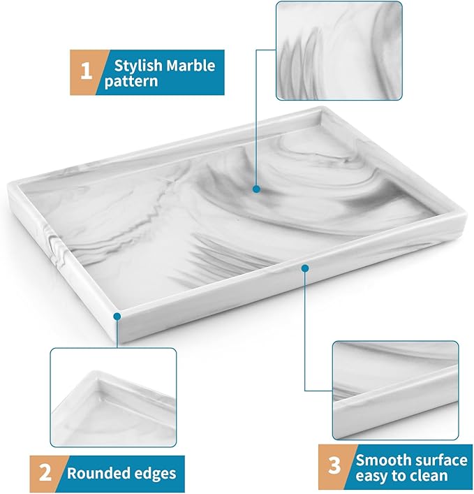 12" Large Ceramic Vanity Tray, Rectangle Perfume Plate Organizer, Jewelry Holder Dish, Non Slip Decorative Tray for Bathroom, Bedroom, Kitchen, Coffee Table (Marble Grey)