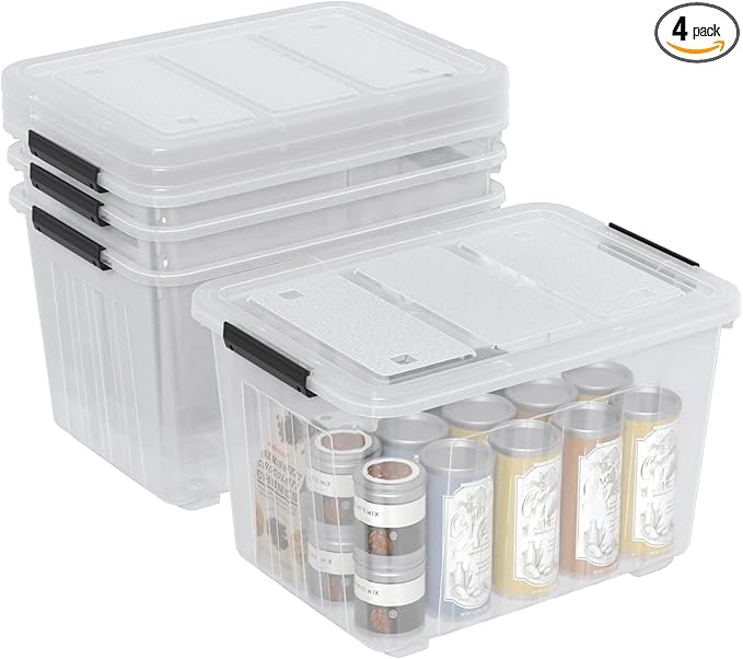 70 L Clear Storage Bin with Wheels, Extra Large Plastic Latching Storage Box, 4 Pack