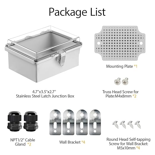 LeMotech Electrical Box, IP67 Waterproof Hinged Clear Cover Stainless Steel Latch Junction Box, ABS Plastic Electrical Enclosure with Mounting Plate,Wall Brackets, Cable Glands,4.7"x3.5"x2.7",Grey