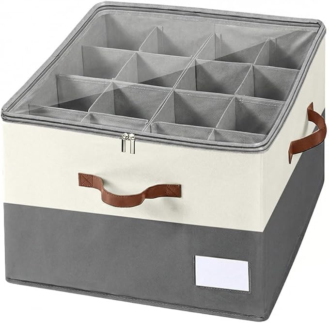Shoe Organizer for Closet, Fabric Shoe Storage Boxes with Lids, Adjustable Dividers for 16 Pairs, Foldable Shoe Cubby with Label Window, Fits Tall Boots, Beige & Grey