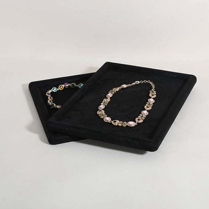 Rectangle Jewelry storage organizer plate, Velvet Jewerly display tray, Empty showcase tray for Necklace Bracelet Ring Earring【Black-Medium, 11.8 x 8.7 in 】