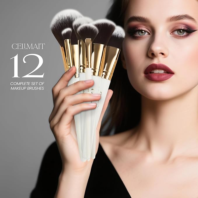 Makeup Brushes Set 12 Pcs Professional & Beginner Friendly, Soft Synthetic Make Up Brush Bristles for Face Eyeshadow, Easy to Clean with Case, Ergonomic Wooden Handle, Gift for Women (Dark White)