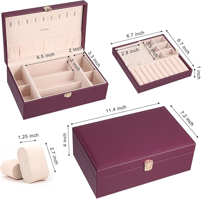 LANDICI Jewelry Box Organizer for Women, 2 Layer 4 Slot Watch Storage Case with Removable Tray, PU Leather Large Jewellery Holder Display for Watches Sunglasses Rings Earrings Necklace, Purple