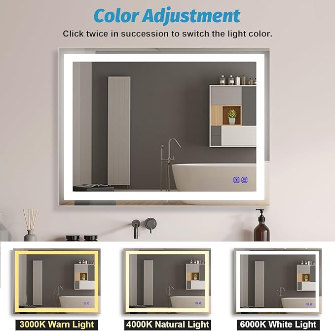 LED Mirror Bathroom 28"x36" LED Bathroom Mirror with Lights Front Lighted Mirror Smart Large Vanity Mirrors Makeup Colors Stepless Dimmable,Anti Fog,CRI95+,Memory Function