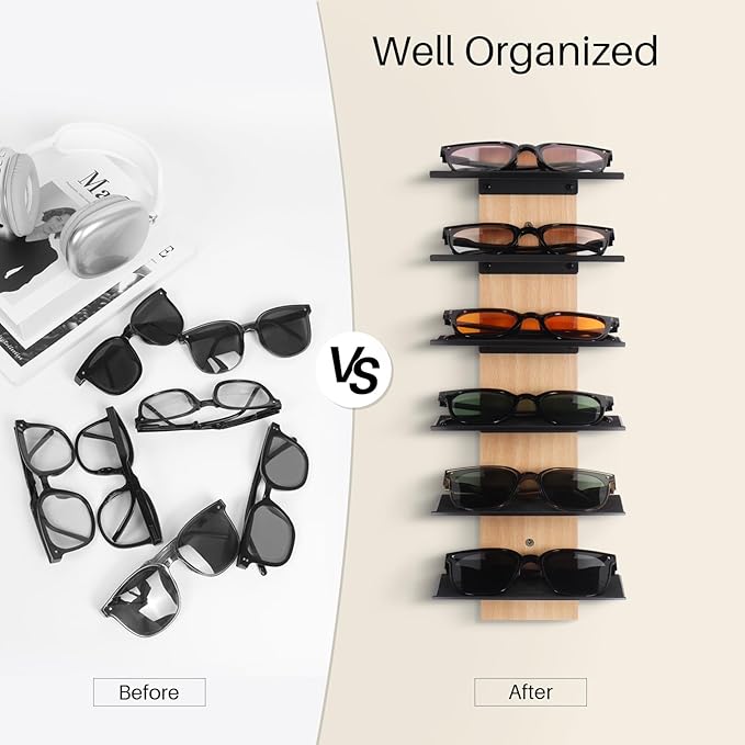 SEKSON Sunglasses Organizer for Wall, Solid Wood Sunglass Holder Display Rack, 6 Tier Eyeglasses Storage Shelf for Entryway, Living Room, Retail Showcase (2 Pack)