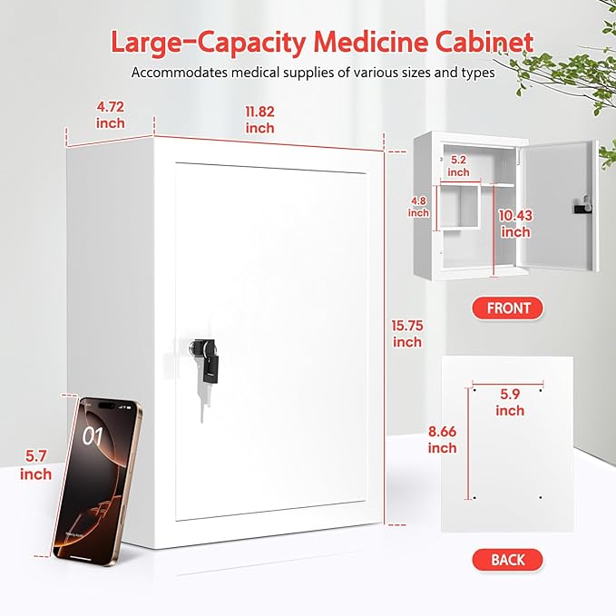 Locking Medicine Cabinet Wall-Mount: Storage Cabinet with Lock & Key - White Metal First Aid Kits for Family Safety and Childproofing