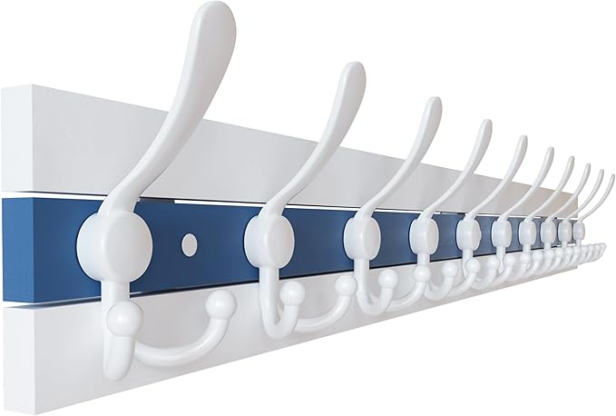 SKOLOO Coastal Wall Mounted Coat Rack - 38-1/8" Beach House Entryway Wooden Coat Hook with 10 Hooks for Hanging Coats, Hats or Towels, Oceanfront Cottage Core Collection, White & Blue