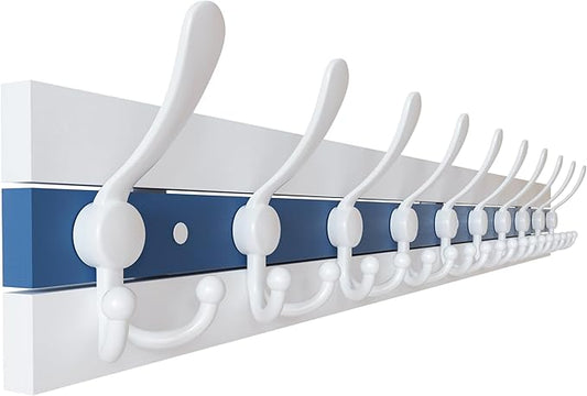 SKOLOO Coastal Wall Mounted Coat Rack - 38-1/8" Beach House Entryway Wooden Coat Hook with 10 Hooks for Hanging Coats, Hats or Towels, Oceanfront Cottage Core Collection, White & Blue