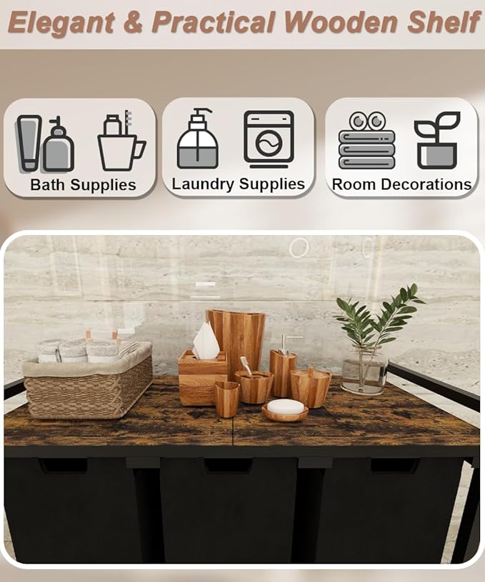 10 x 3 Gal Large Laundry Hamper with 3 Pull-Out & Removable Sorter Bags, Freestanding Clothes Basket Organizer for Clothing or Toys in Bathroom and Living Room, Rustic Brown and Black