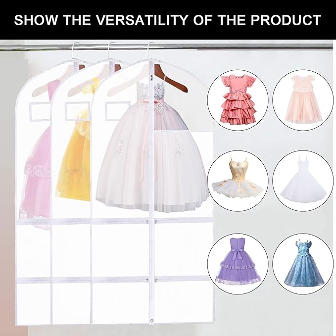 Clear PVC Dance Costume Bags(3 Pack),Garment Bag 40 Inch for Dance Competitions Cheerleading,Hanging Clothes Travel Dance Bags with 4 Pockets.Dance Essentials Cheer Bag for Girls Kids Recitals Dresses
