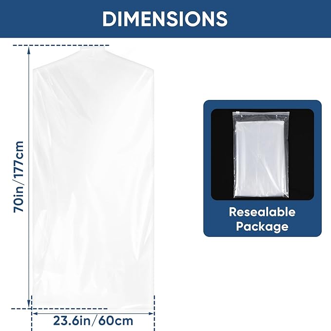 100 Pack 23.6"x70" Garment Bags for Hanging Clothes, Thick Clear Plastic Dry Cleaning Covers for Closet Storage & Travel