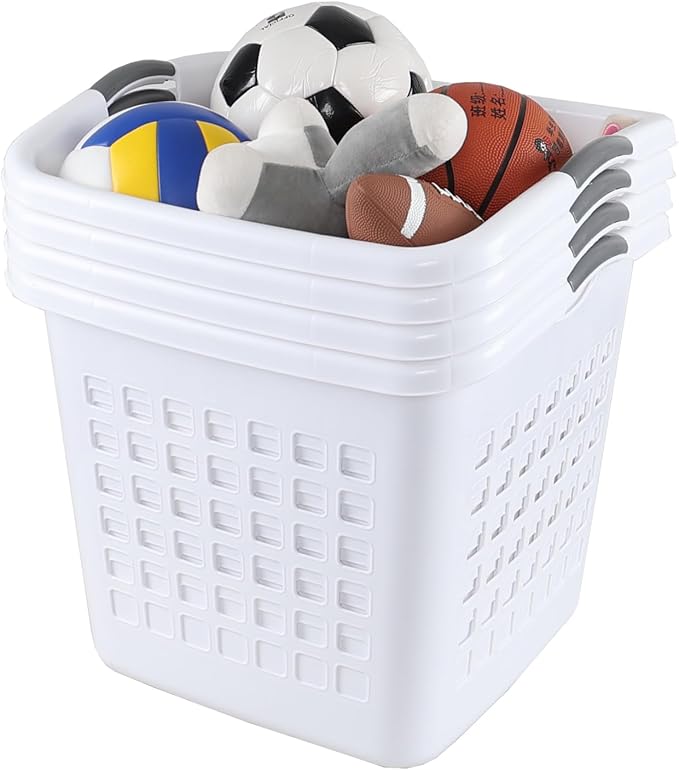 2 Bushel Extra Large Square Plastic Laundry Basket, 72 L Large Plastic Clothes Laundry Basket with Handle, White, Set of 4