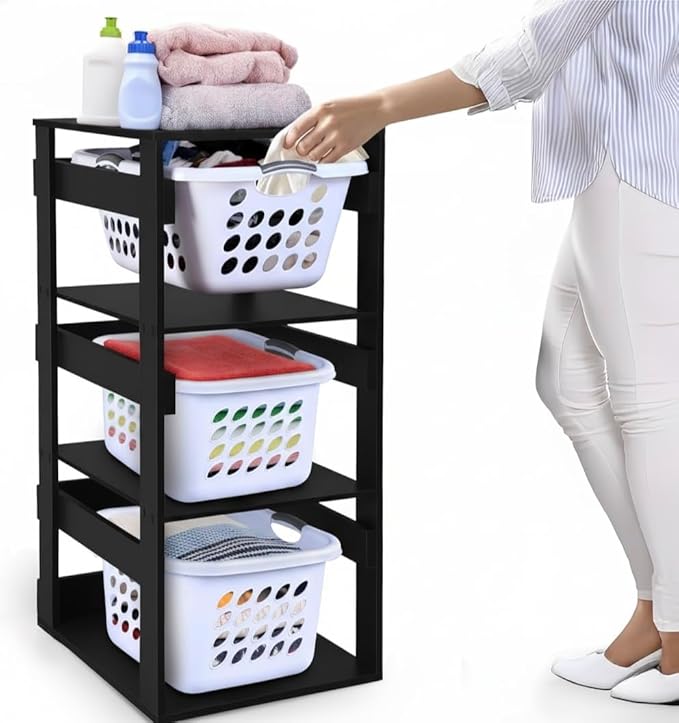 Laundry Basket Holder Shelf – Stackable Engineered Wood Laundry Tower, Tiered Hamper Organizer for Bathroom, Bedroom, Closet (Black, 3 Tier)