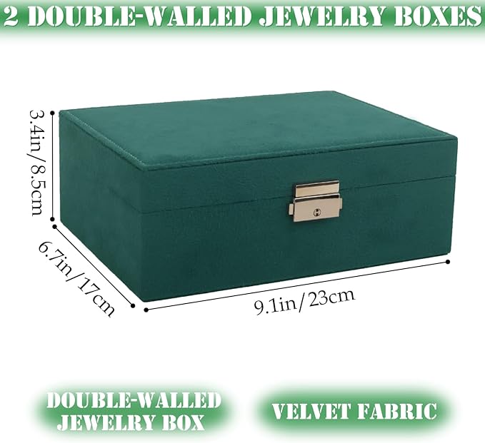 Nsmykhg Velvet Jewelry Box Organizer - 2 Pack Lockable 2 Layer Travel Case with Removable Tray, Jewelry Storage for Women & Men, Jewelry Display Case for Rings, Necklace, Earrings (Green)
