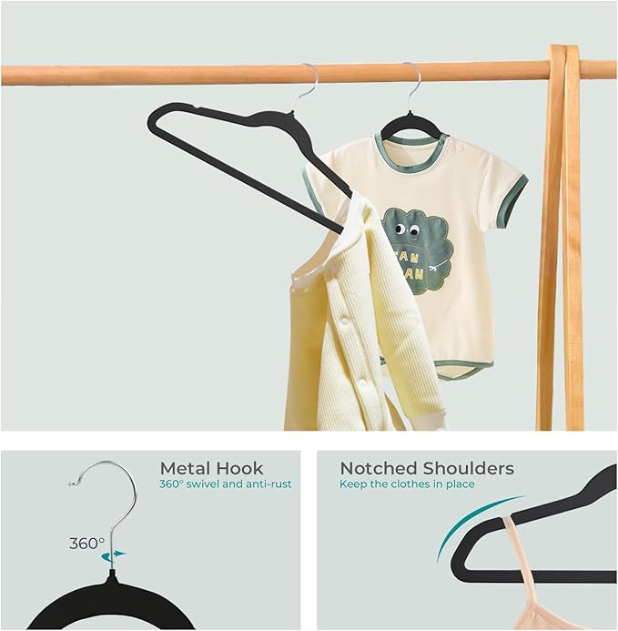 ManGotree 14 Inch Kids Velvet Hangers for Closet, Ultra-Thin Space Saving Children's Clothes Hangers, Non-Slip Felt Toddler Hanger for Youth's Clothes (32 Pack, Black)