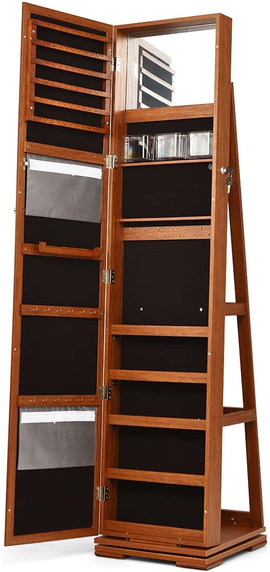 CHARMAID 360° Swivel Jewelry Armoire with Higher Full Length Mirror, Standing Lockable Jewelry Cabinet Organizer with Large Storage Capacity, Inside Makeup Mirror, Back Storage Shelves (Walnut)