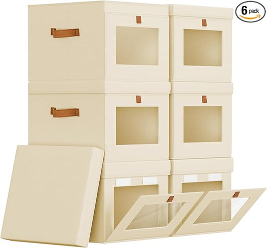 Storage Bins with Lid – Closet Organizer with Side Opening and Clear Window, Foldable Stackable Fabric Basket for Clothes, Home, Office - 13.77" x 11.8" x 9.8", 6 Pack, Beige