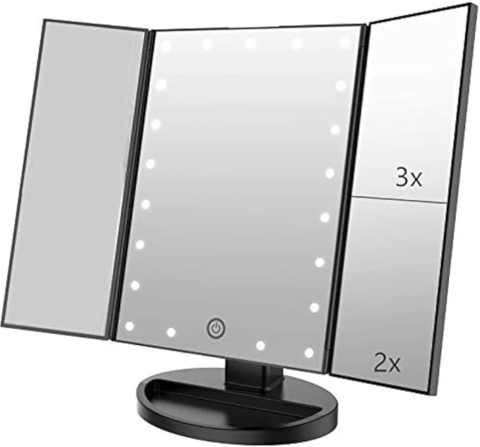 Trifold Makeup Mirror Vanity Mirror with Lights,1X 2X 3X Magnification,Touch Control,Adjustable Rotation,Dual Power Supply,Portable Travel Cosmetic Mirror,Birthday Gifts for Women,Teengirls