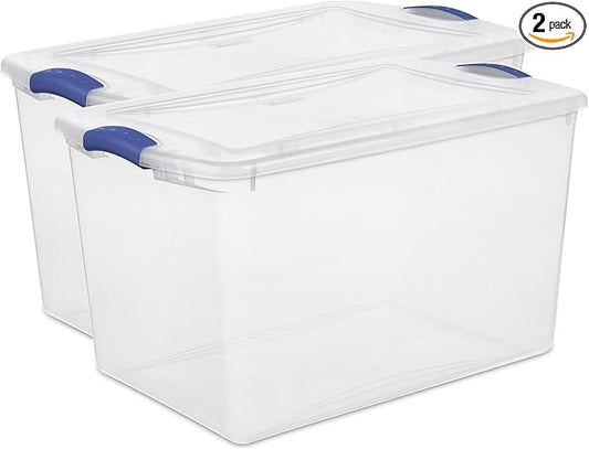 2 Pack 66 Quart Durable Storage Bin – Clear Plastic Container with Secure Blue Latch Lid, Stackable for Home, Closet, Garage, Basement & Attic Organization