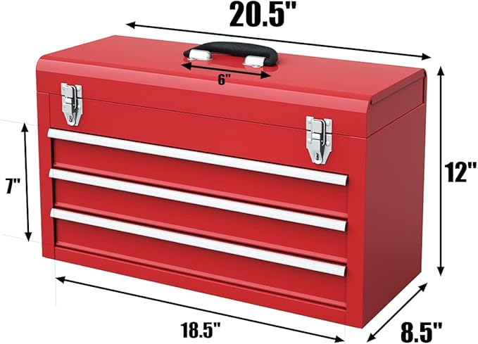 IRONMAX Portable Tool Box, 20.5’’ Lockable Steel Tool Chest Cabinet w/Comfortable Handle & 3 Drawers, Heavy Duty Storage Toolbox Tool Organizer for Garage, Warehouse, Home, Red