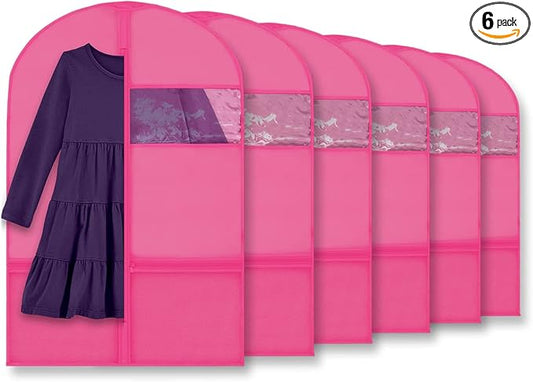 Plixio 36" Kids Garment Bags for Dance Costumes, Childrens Hanging Clothes, Uniform, Suits, Girls Dress Recital Outfit Organizer Dance Garment Bags For Dancers with Zippered Pockets (6 Pack :36",Pink)