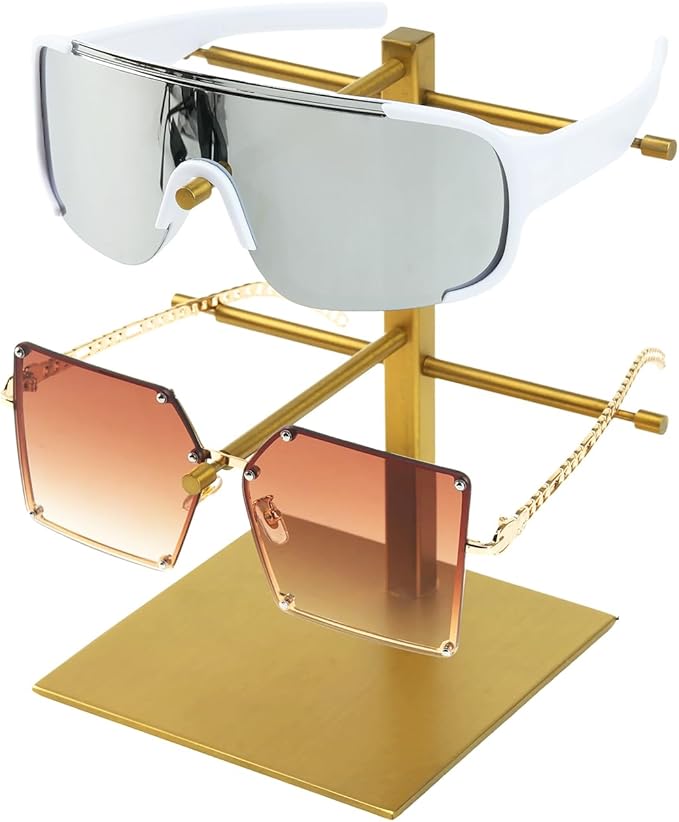 2-Tier Sunglass Display Stand,Sunglasses Organizer, Titanium Brushed Eyeglass Holder Stand, Gold Sunglasses Rack for Homes, Offices, Boutique Shops（PATENT PENDING