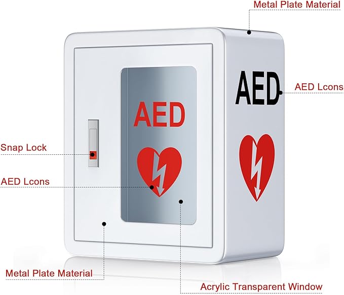 AED Cabinet, First Aid AED Defibrillator Wall Mounted Storage Cabinet, Metal Steel Plate Snap Lock, fits All Brands Cardiac Science for Public Places, 14 x 7.8 x 15.7 Inch