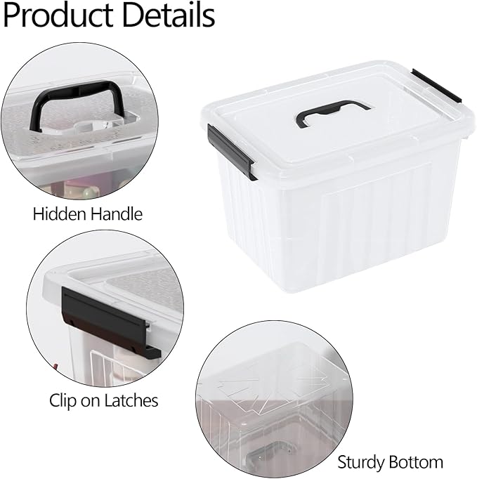 Clear Storage Latch Bin 12 Quart, Plastic Organizing Box with Lid and Black Handles, 6-Pack