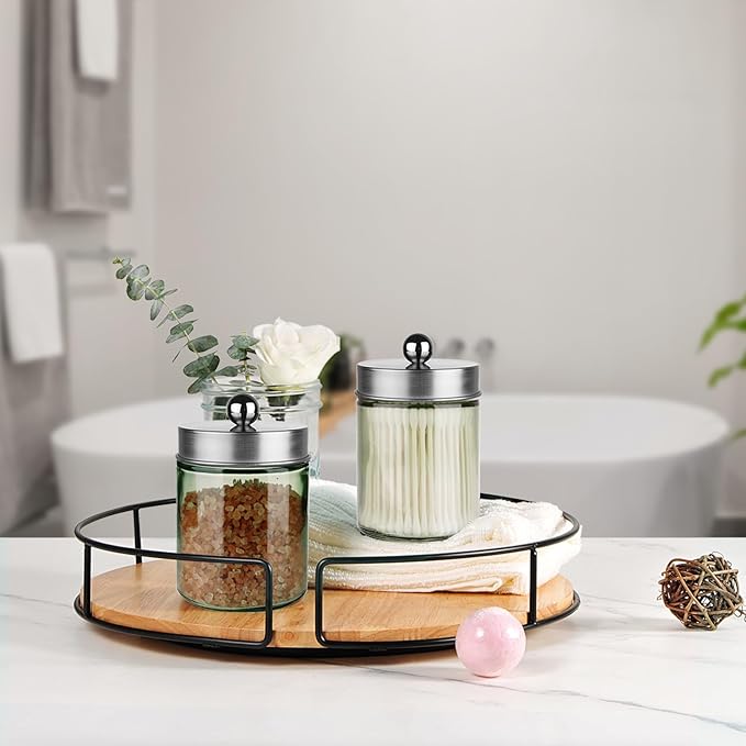 Amolliar Sage Green Glass Apothecary Jar, Qtip Holder Metal Lid & Sticker, Bathroom Qtip Dispenser Storage Canister, Perfect for Cotton Balls, Swabs, Round Pads, Bath Salt, Floss,Brushed Nickel 1 Pack
