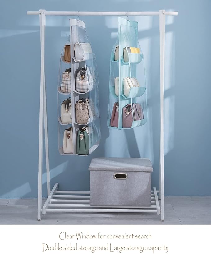 MURRI&MURRDI 2 Packs Hanging Handbag Organizer for Closet, Purse Storage Holder with 8 Easy Access Clear PVC Pockets, Womens Purse Hanger Bag for Wardrobe Door Wall Space Saving, Gray