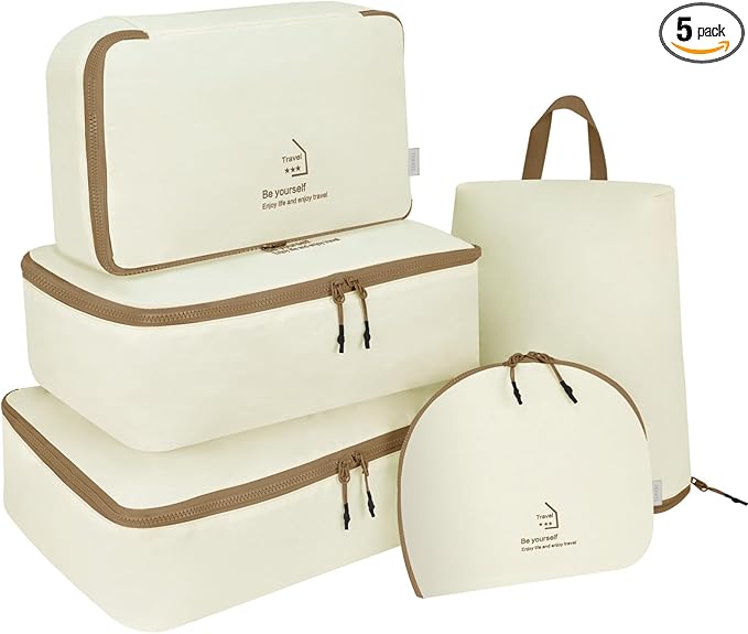 5 Set Packing Cubes for Travel, Various Sizes Luggage Organizer Bags with Double Zipper, Durable Space Saver Bags Travel Essentials (5 Set, Beige)