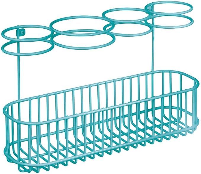 mDesign Metal Wire Cabinet/Wall Mount Hair Care & Styling Tool Organizer - Bathroom Storage Basket for Hair Dryer, Flat Iron, Curling Wand, Hair Straightener, Brushes - Holds Hot Tools - Teal/Blue