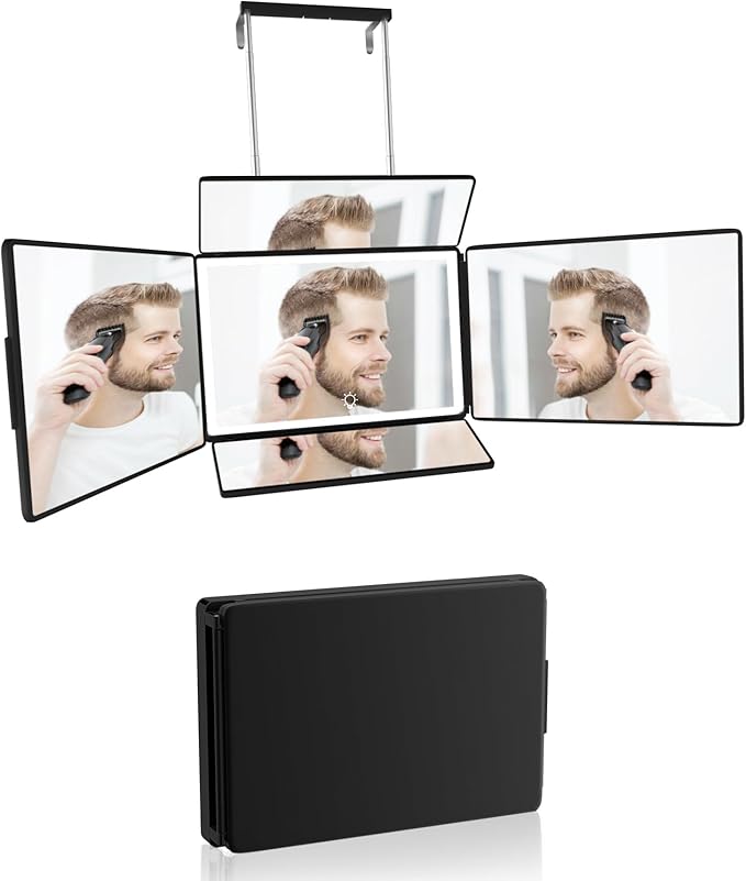 Aokoka 5 Way Mirror with Light for Self Hair Cutting, 360° Barber Mirror for Men Shaving, Makeup Mirror with Height Adjusta for Braiding Hair Styling Dye Hair for Women