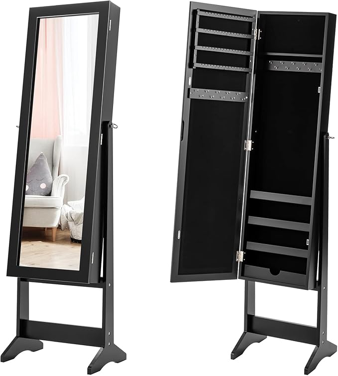 GOFLAME Jewelry Cabinet, Jewelry Organizer with Full Length Mirror Door, Standing Makeup Mirror Cabinet, Freestanding Jewelry Organizer with Large Storage Capacity (Black)