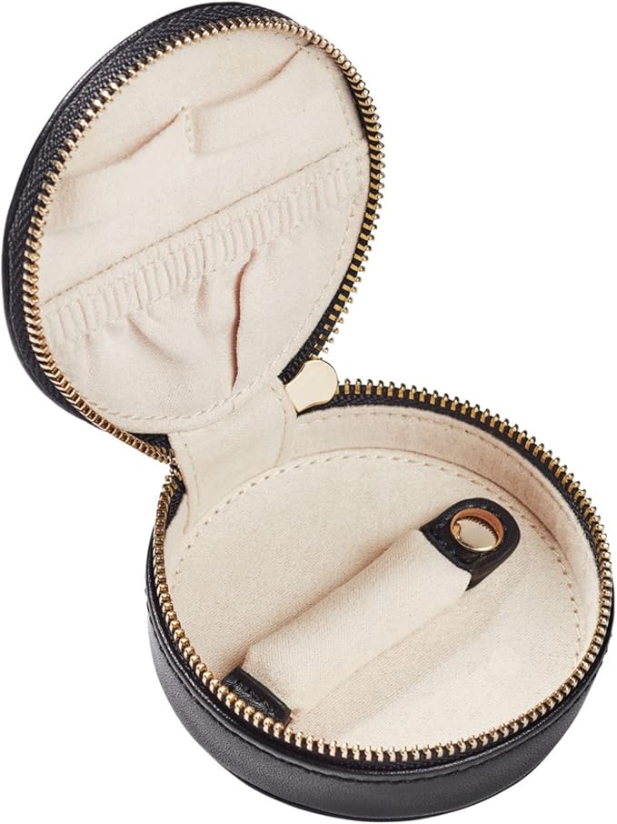 Everyday Genuine Cow Leather Zip Around Mini Travel Jewelry Box Organizer with Zipper Closure (Midnight Black)