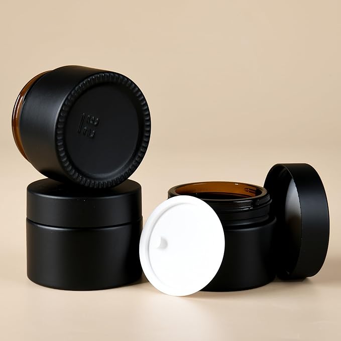 2 oz Reusable Black Glass Container Jars 24 Pack with Wide-mouth Leak Proof Cap and Inner Pull-On Lid for Travel Storage Makeup, Face Creams, Body Lotions, DIY Crafts or Others