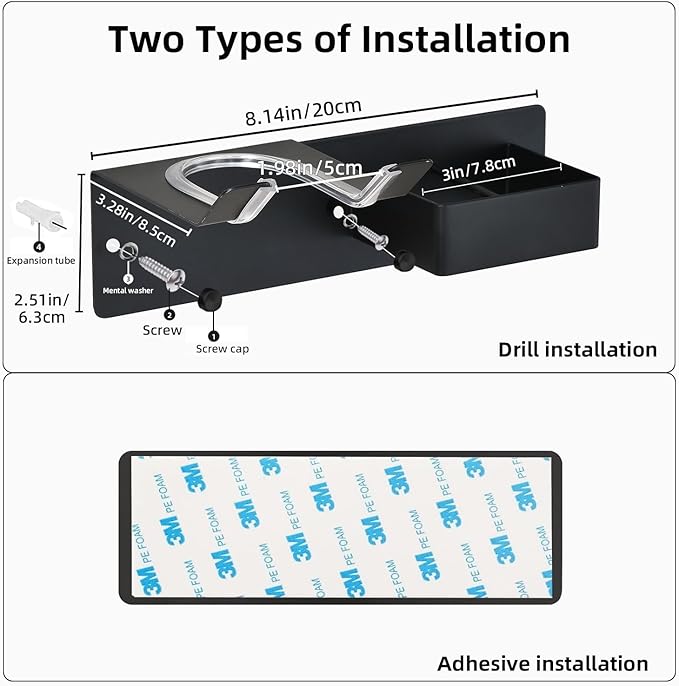 Hair Dryer Holder Wall Mounted, Stainless Steel Blow Dryer Holder for Bathroom, Hair Dryer and Straightener Holder Adhesive or Drilling, Hair Tool Organizer for Salon Barber Shops Black BANJEKT