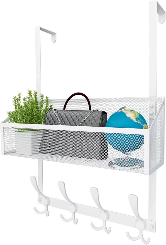 Over The Door Hooks Organizer, Coat Rack Over The Door Storage Hanger Towel Rack, Back of Door Storage Organizer for Bathroom,Bedroom,Kitchen,Office (White, 2-Tier)
