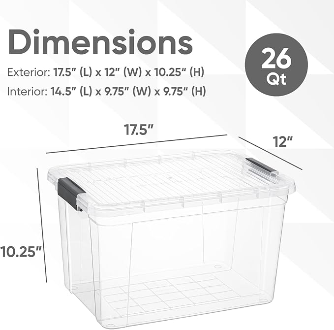 Superio Clear Storage Boxes with Lids, 26 Quart Plastic Container Bins for Organizing, Stackable Crates, BPA Free, Non Toxic, Odor Free, Organizers for Home, Office and Dorm, 8 Pack
