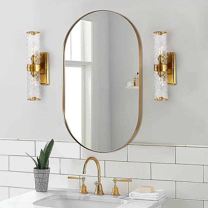 ANDY STAR Oval Bathroom Mirror, 20x33’’Oval Gold Mirror Stainless Steel Metal Frame Mirror for Bathroom, Entryway, Living Room, Contemporary 1" Deep Set Design Wall Mount Hangs Vertical or Horizontal