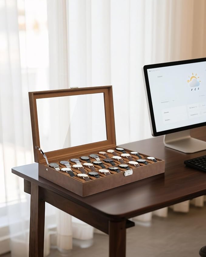 Uten 24-Slot Watch Box, PU Leather Watch Case with Glass Lid, Watch Holder Organizer with Soft Pillow and Velvet Lining, Watch and Jewelry Storage Box, Brown