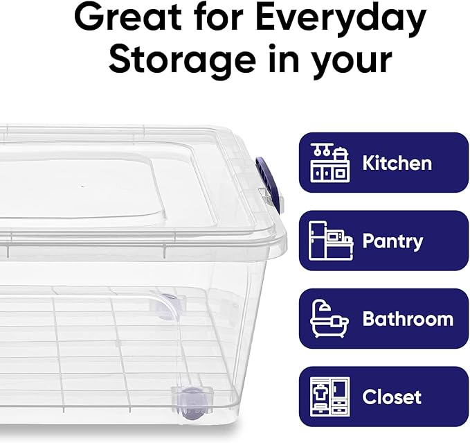 Superio Storage Bins with Lids- Clear Boxes for Organizing, Stackable Plastic Containers- BPA Free, Non-Toxic, Odor Free, Organizer for Home, Office, Dorm (8 Pack, 42 Qt (Under Bed-Wheeled))