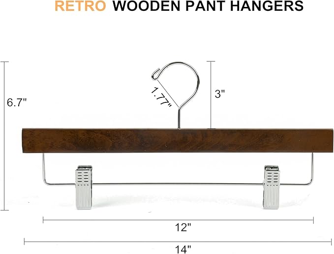 Amber Home Retro Wooden Pants Hangers with 2-Adjustable Clips, Walnut Wood Skirt & Trouser Hangers for Jeans, Slacks, Shorts (Vintage, 10 Pack)
