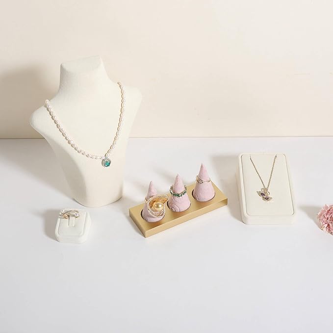GemeShou pink jewelry ring display holder for selling, velvet ring cone display stand, cute cone shaped ring holder with golden coated base,Small jewelry ring storage organizer【Ring holder-pink】