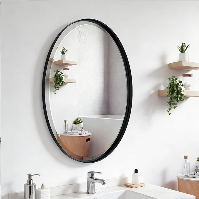 POZINO Matte Black Oval Beveled Mirror, 20"x28" Bathroom Mirror for Over Sink, Modern Rounded Vanity Wall Mirrors for Bedroom Living Room Entryway Fireplace, Wall Mount Hangs Horizontal Or Vertical