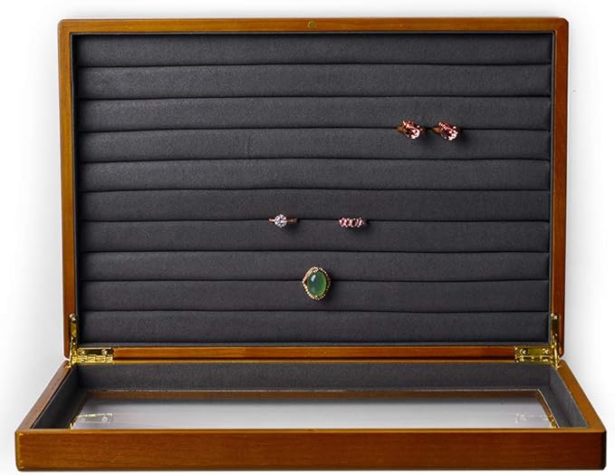 Oirlv Solid Wood Jewelry Display Box Rings Earrings Organizer Case with Acrylic Lid Vintage Gift for Women