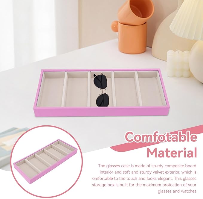 Sunglass Organizer, Pink Velvet Glasses Tray 5 Grids Stackable Display Case for Women Glasses Jewelry Display Watch